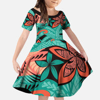 Plumeria Polynesian Pattern Family Matching Mermaid Dress and Hawaiian Shirt Unique Fantasy Teal Orange LT01 Daughter's Dress Teal - Polynesian Pride
