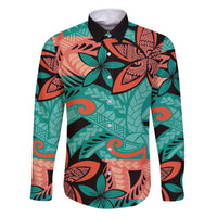 Plumeria Polynesian Pattern Family Matching Mermaid Dress and Hawaiian Shirt Unique Fantasy Teal Orange LT01 Dad's Shirt - Long Sleeve Teal - Polynesian Pride