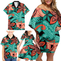 Plumeria Polynesian Pattern Family Matching Off Shoulder Short Dress and Hawaiian Shirt Unique Fantasy Teal Orange