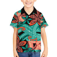 Plumeria Polynesian Pattern Family Matching Off Shoulder Short Dress and Hawaiian Shirt Unique Fantasy Teal Orange