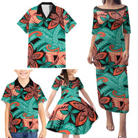Plumeria Polynesian Pattern Family Matching Puletasi and Hawaiian Shirt Unique Fantasy Teal Orange