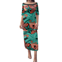 Plumeria Polynesian Pattern Family Matching Puletasi and Hawaiian Shirt Unique Fantasy Teal Orange