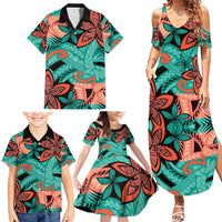 Plumeria Polynesian Pattern Family Matching Summer Maxi Dress and Hawaiian Shirt Unique Fantasy Teal Orange