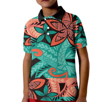 Plumeria Polynesian Pattern Kid Polo Shirt Unique Fantasy Teal Orange