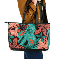 Plumeria Polynesian Pattern Leather Tote Bag Unique Fantasy Teal Orange