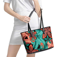 Plumeria Polynesian Pattern Leather Tote Bag Unique Fantasy Teal Orange