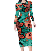 Plumeria Polynesian Pattern Long Sleeve Bodycon Dress Unique Fantasy Teal Orange