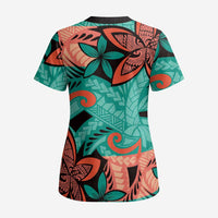 Plumeria Polynesian Pattern Scrub Top Unique Fantasy Teal Orange - Polynesian Pride