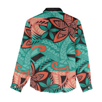 Plumeria Polynesian Pattern Women Casual Shirt Unique Fantasy Teal Orange