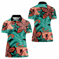 Plumeria Polynesian Pattern Women Polo Shirt Unique Fantasy Teal Orange