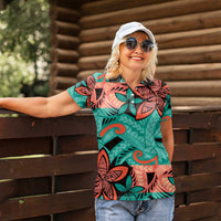 Plumeria Polynesian Pattern Women Polo Shirt Unique Fantasy Teal Orange