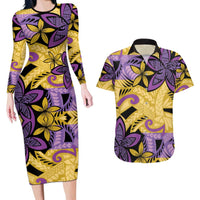 Plumeria Polynesian Pattern Couples Matching Long Sleeve Bodycon Dress and Hawaiian Shirt Unique Fantasy Yellow Purple