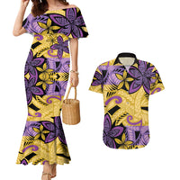 Plumeria Polynesian Pattern Couples Matching Mermaid Dress and Hawaiian Shirt Unique Fantasy Yellow Purple