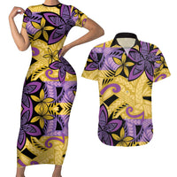 Plumeria Polynesian Pattern Couples Matching Short Sleeve Bodycon Dress and Hawaiian Shirt Unique Fantasy Yellow Purple