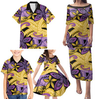 Plumeria Polynesian Pattern Family Matching Puletasi and Hawaiian Shirt Unique Fantasy Yellow Purple