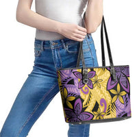 Plumeria Polynesian Pattern Leather Tote Bag Unique Fantasy Yellow Purple