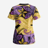 Plumeria Polynesian Pattern Scrub Top Unique Fantasy Yellow Purple - Polynesian Pride