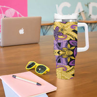 Plumeria Polynesian Pattern Tumbler With Handle Unique Fantasy Yellow Purple