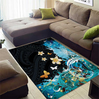 Blue Grunge Polynesian Pattern Area Rug Plumeria Floral