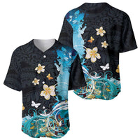 Blue Grunge Polynesian Pattern Baseball Jersey Plumeria Floral