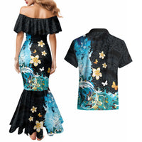 Blue Grunge Polynesian Pattern Couples Matching Mermaid Dress and Hawaiian Shirt Plumeria Floral