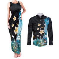 Blue Grunge Polynesian Pattern Couples Matching Tank Maxi Dress and Long Sleeve Button Shirt Plumeria Floral LT01 Blue - Polynesian Pride