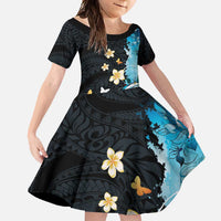 Blue Grunge Polynesian Pattern Family Matching Long Sleeve Bodycon Dress and Hawaiian Shirt Plumeria Floral LT01 Daughter's Dress Blue - Polynesian Pride