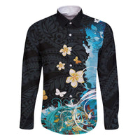 Blue Grunge Polynesian Pattern Family Matching Off The Shoulder Long Sleeve Dress and Hawaiian Shirt Plumeria Floral