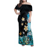 Blue Grunge Polynesian Pattern Family Matching Off Shoulder Maxi Dress and Hawaiian Shirt Plumeria Floral