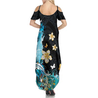 Blue Grunge Polynesian Pattern Family Matching Summer Maxi Dress and Hawaiian Shirt Plumeria Floral LT01 - Polynesian Pride