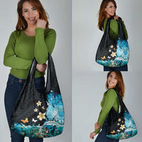 Blue Grunge Polynesian Pattern Grocery Bag Plumeria Floral