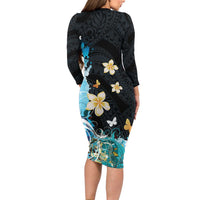 Blue Grunge Polynesian Pattern Long Sleeve Bodycon Dress Plumeria Floral