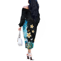 Blue Grunge Polynesian Pattern Off The Shoulder Long Sleeve Dress Plumeria Floral