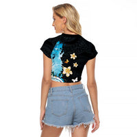 Blue Grunge Polynesian Pattern Raglan Cropped T Shirt Plumeria Floral