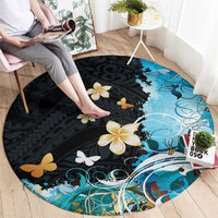 Blue Grunge Polynesian Pattern Round Carpet Plumeria Floral LT01 - Polynesian Pride
