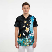 Blue Grunge Polynesian Pattern Scrub Top Plumeria Floral - Polynesian Pride