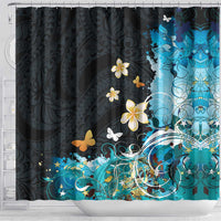 Blue Grunge Polynesian Pattern Shower Curtain Plumeria Floral LT01 - Polynesian Pride