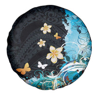 Blue Grunge Polynesian Pattern Spare Tire Cover Plumeria Floral