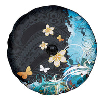 Blue Grunge Polynesian Pattern Spare Tire Cover Plumeria Floral
