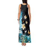 Blue Grunge Polynesian Pattern Tank Maxi Dress Plumeria Floral