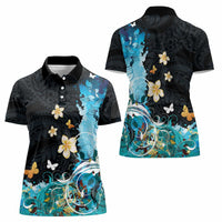 Blue Grunge Polynesian Pattern Women Polo Shirt Plumeria Floral