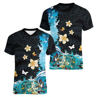 Blue Grunge Polynesian Pattern Women V-Neck T-Shirt Plumeria Floral LT01 - Polynesian Pride