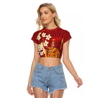 Hawaii King Kamehameha Raglan Cropped T Shirt Plumeria Lauhala Pattern