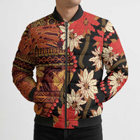 Hawaii Christmas Poinsettia Lei Bomber Puffer Jacket Tapa Pattern - Polynesian Pride