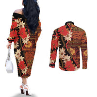 Hawaii Christmas Poinsettia Lei Couples Matching Off The Shoulder Long Sleeve Dress and Long Sleeve Button Shirt Tapa Pattern - Polynesian Pride