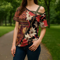 Hawaii Christmas Poinsettia Lei Cross Shoulder Shirt Tapa Pattern - Polynesian Pride