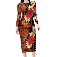 Hawaii Christmas Poinsettia Lei Family Matching Long Sleeve Bodycon Dress and Hawaiian Shirt Tapa Pattern - Polynesian Pride