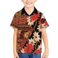 Hawaii Christmas Poinsettia Lei Family Matching Short Sleeve Bodycon Dress and Hawaiian Shirt Tapa Pattern - Polynesian Pride
