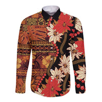 Hawaii Christmas Poinsettia Lei Long Sleeve Button Shirt Tapa Pattern - Polynesian Pride