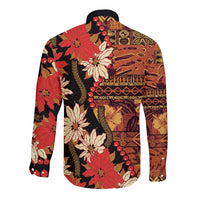 Hawaii Christmas Poinsettia Lei Long Sleeve Button Shirt Tapa Pattern - Polynesian Pride